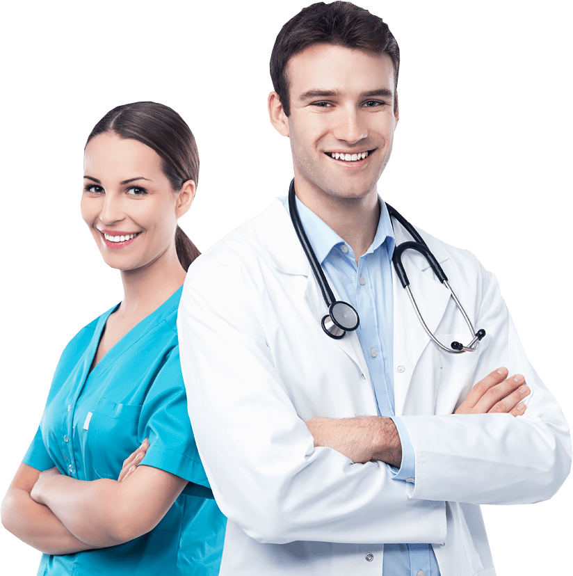 Paramedical students in uniform and lab coat representing healthcare education.